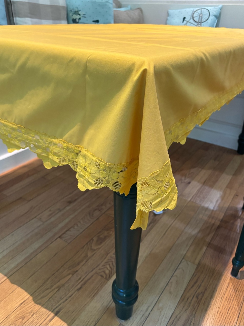 Mid Century Modern mustard yellow lace trimmed 44X64” rectangle table cloth